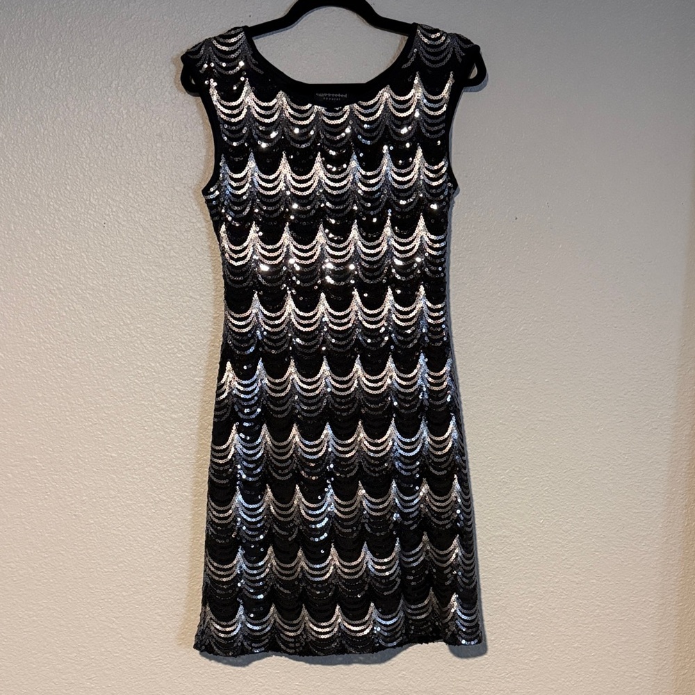 Connected Apparel Black and Silver Sequin Mini Dress